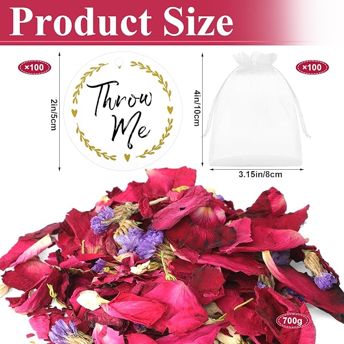 Suncalla 700g 100 Packs Wedding Confetti Biodegradable Flower Petals with Throw Me Stickers Mixed Dried Real Flower Confetti for Party Send off Exit Ideas Bridal Proposal Bath Wedding(Dried Petals)