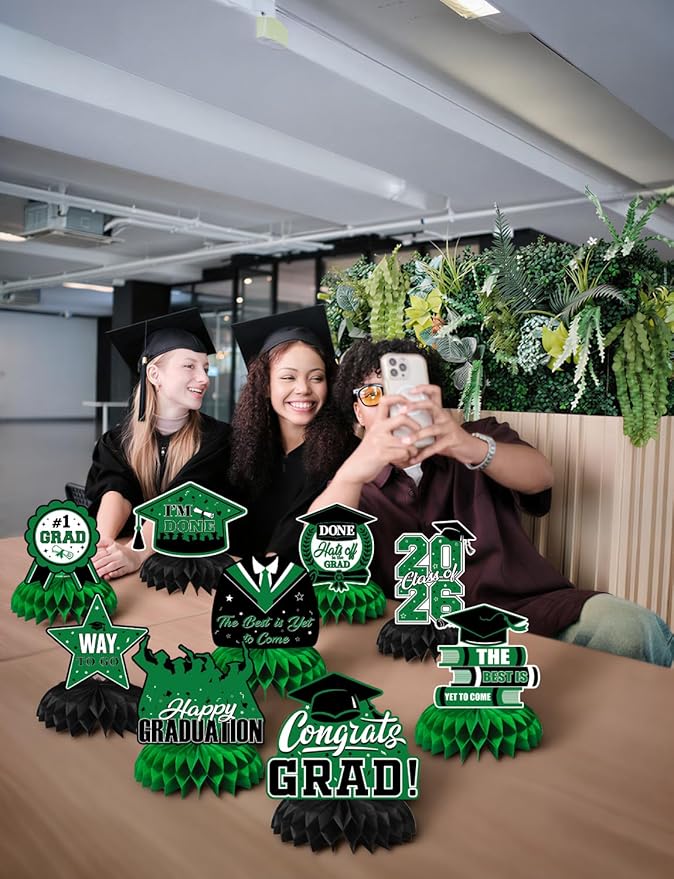 Graduation Table Decorations 2026,Green Graduation Centerpieces for Tables, 9Pcs Honeycomb Centerpieces, 3D Congrats Grad Table Toppers for Grad Party Decorations, Class of 2026 Decor