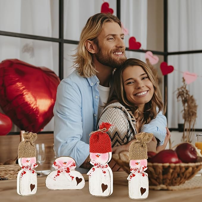 6 Pcs Valentines Day Wood Snowman Table Decorations Winter Snowman Tabletop Block Sign Rustic Farmhouse Xmas Tiered Tray Decor for Christmas Winter Holiday Home Office Shelf Party Decor