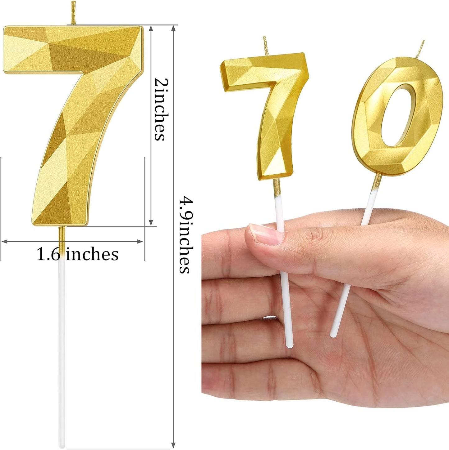 Nuanchu 70th Birthday Candles, Happy Birthday Cake Topper 3D Diamond Shape Numeral Sparkler Number Candles for Men Women Party Wedding Decoration Theme Party (Gold)