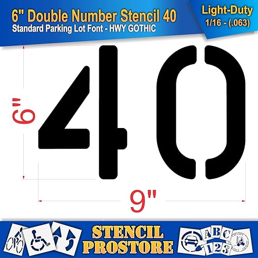 Pavement, Curb, and WheelStop Stencils - 6 inch Double Number Stencil - (40) - 6" x 9" x 1/16" (63 mil) - Light-Duty