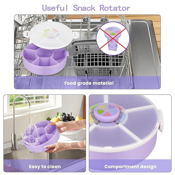 Snack Rotator Container Reusable Snack Box with 5 Compartment Dispenser and Lid, Color Matching Opening Lid, BPA and PVC Free, for Home, School, Travel (2 Pack- Purple)