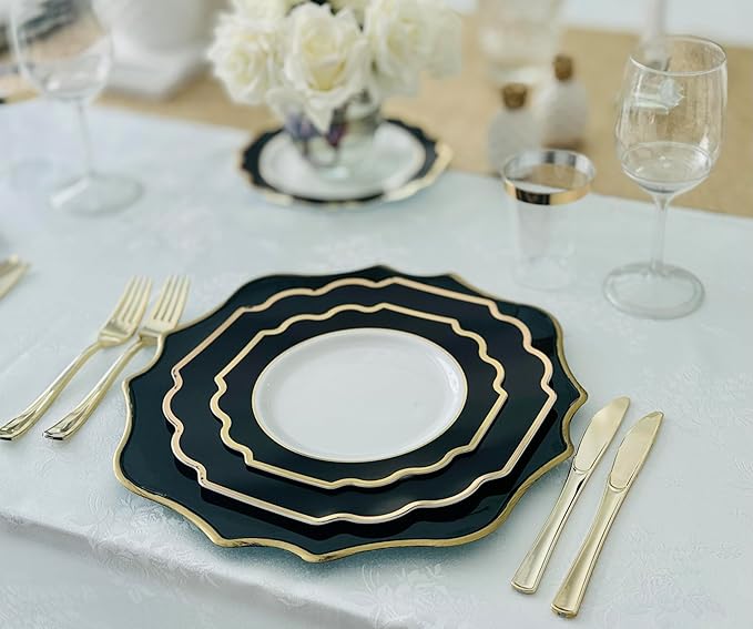 " OCCASIONS " 10 Pieces Round 13'' ACRYLIC MELAMINE Reusable Wedding Charger Plate (Scalloped Black and Gold)