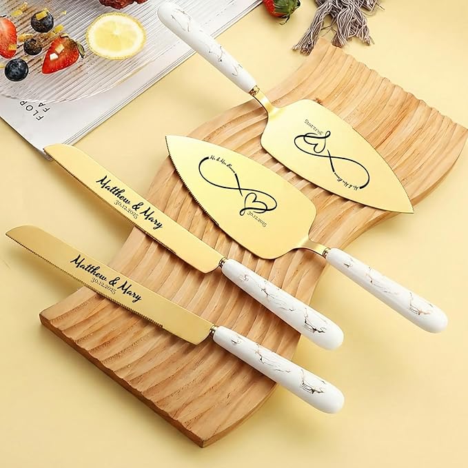 sinfinate Personalized Wedding Cake Knife and Server Set Gold - Custom Engraved Stainless Steel Cake Servers Cutting Set with Marble Pattern, Elegant Gift for Wedding Anniversary Birthday Christmas