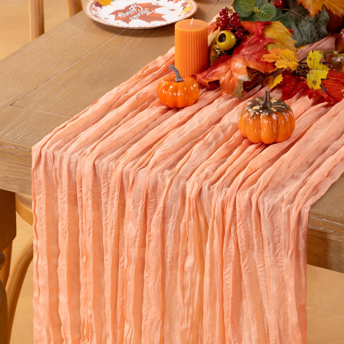 MLMC Peach Pink Cheesecloth Table Runner 10ft Rustic Fall Gauze Coral Cheese Cloth Table Runner 35x120 Inches for Wedding Bridal Baby Shower Thanksgiving Party Decor