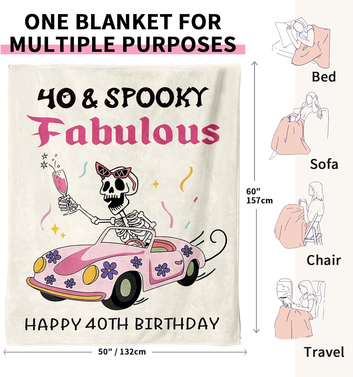 Funny 40th Birthday Gifts Women, Flannel Soft Blanket Decorations, Happy 40 Years Old Birthday Gifts for Women Baskets, Fabulous Turning 40 Gift for Woman, 50x60 inches