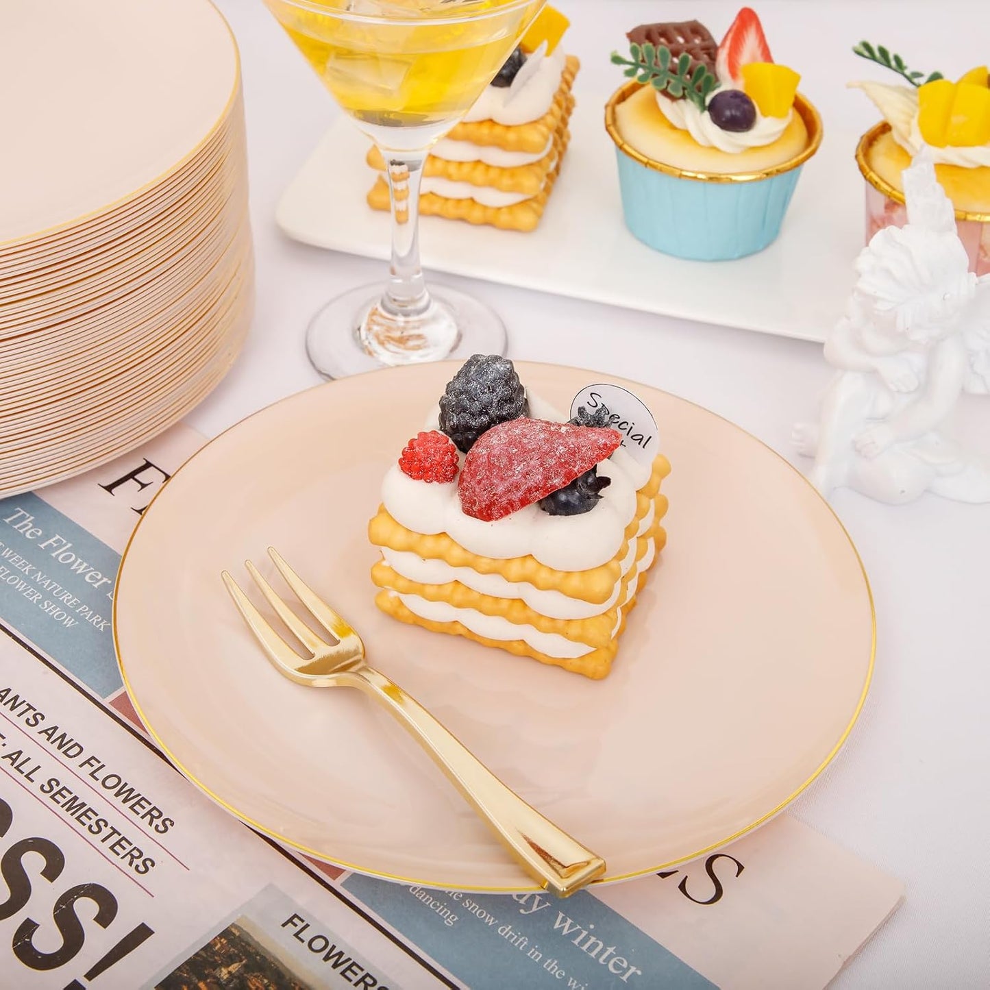 LIYH 200 Pcs Pink Gold Dessert Plates and Forks, Small Cake Plates 7.5 Inch, Party Plate and Forks 5 Inch for Bridal Shower, Birthday Tea Party