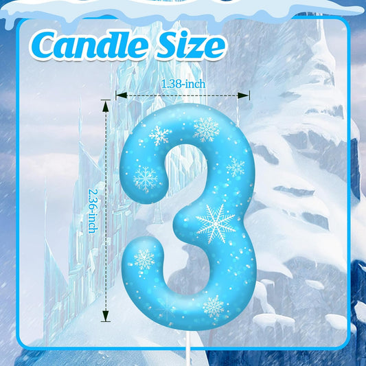 White and Blue Frozen Themed Party Birthday Candles - Blue Number Candles Snowflake Themed Party Decorations, Girls Party Supplies(Number 3)