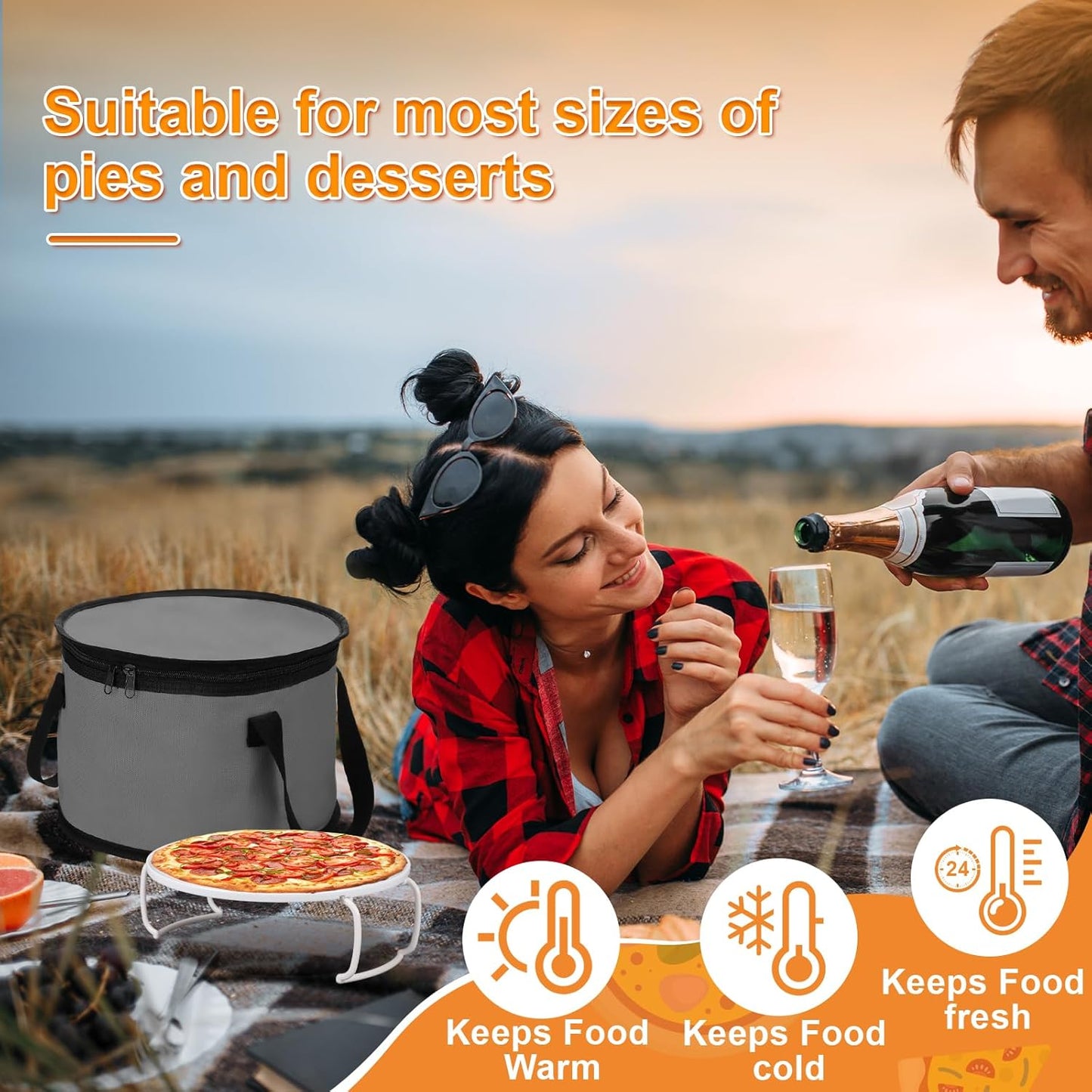 Yaomiao 2 Sets Round Pie Carrier 11 x 7 Inch with Dish Tray Plate Stacker Insulated Casserole Carrier with Lid and Handle Reusable Cooler Thermal Bags for Cold Food for Potluck Picnic (Gray)
