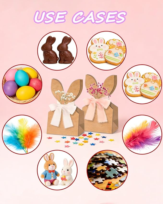 Easter Bunny Kraft Gift Bags, 24 Set Boho Bow Easter Bunny Treat Bags, DIY Kraft Paper Goodie Treat Bag with Boho Bow for Party Favors, Gift Packaging, School, Church, Office