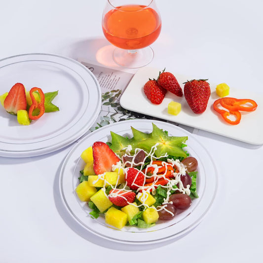 bUCLA 100Pieces Silver Rim Plastic Plates - 7.5inch Silver Salad/Dessert Plates Disposable - Ideal for Weddings, Parties & Christmas