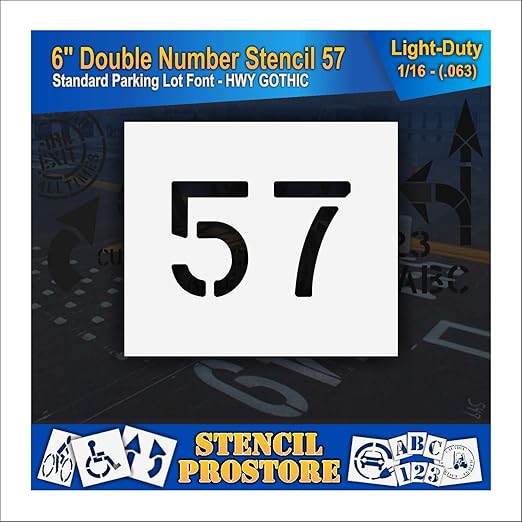 Pavement, Curb, and WheelStop Stencils - 6 inch Double Number Stencil - (57) - 6" x 9" x 1/16" (63 mil) - Light-Duty