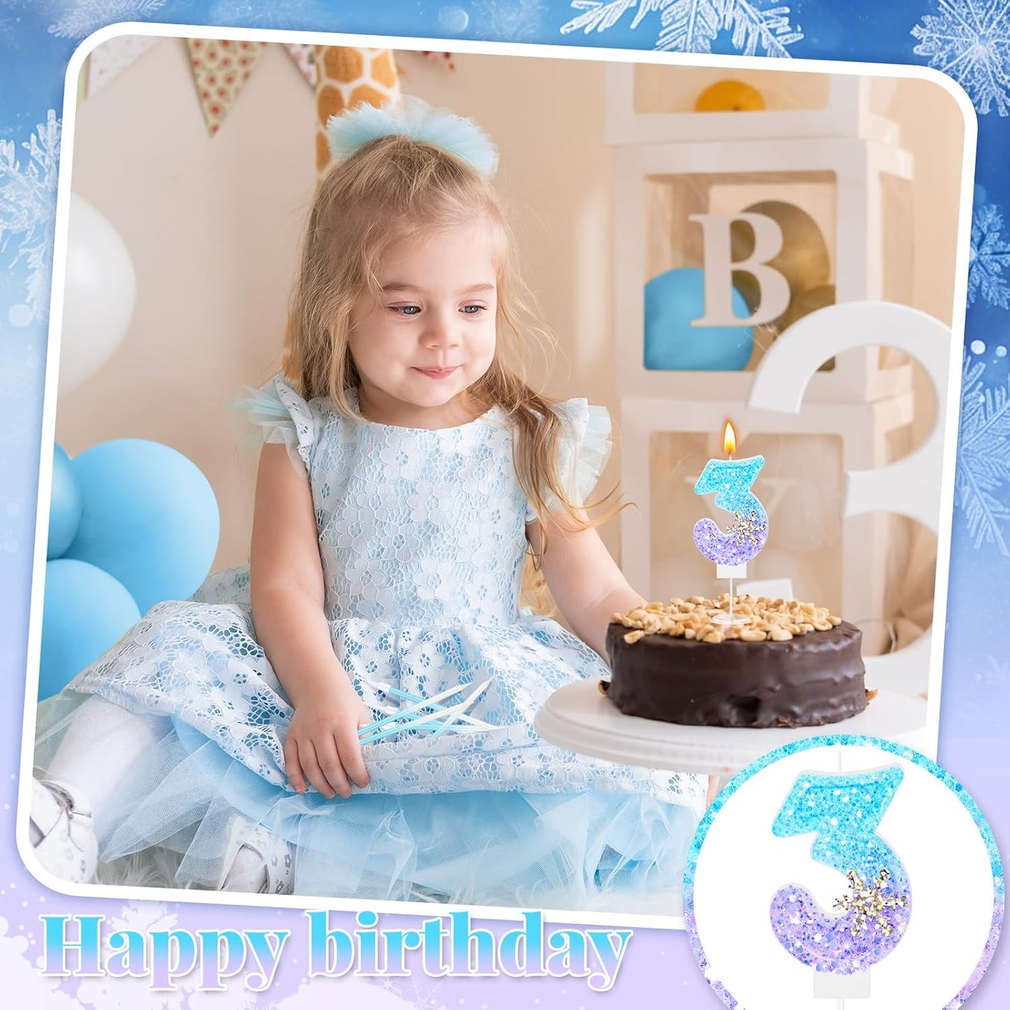 MTLEE Number 3 Birthday Candle Blue Snowflake with 6 Long Thin Cupcake Candles Blue Sparklers Glitter Number Happy Birthday Cake Topper Decorations for Winter Party Supplies