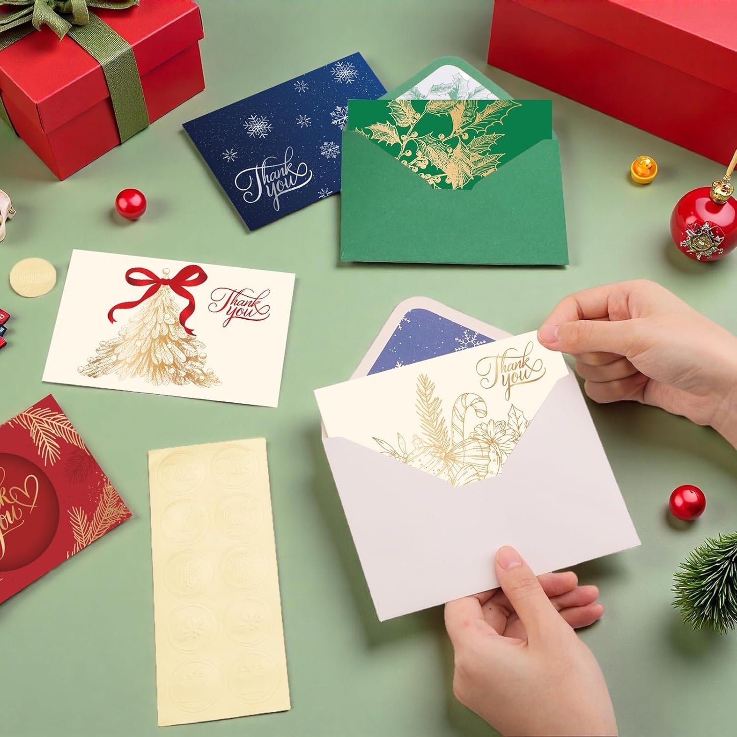 50 Pack Christmas Thank You Cards with Envelopes and Stickers, 5 Designs Foiled Christmas Cards, 4x6 Inch Holiday Thank You Card for Xmas, New Year