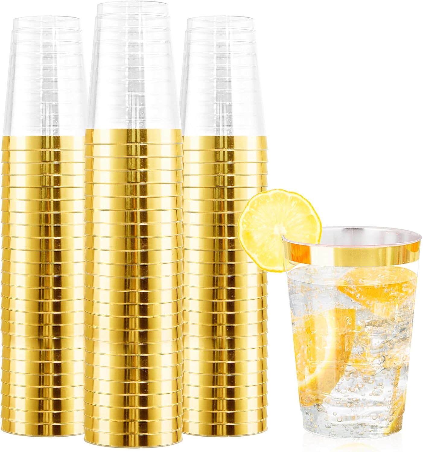 Nervure 120PCS Gold Rim Plastic Cups - 12oz Heavy Duty Plastic Cups - Fancy Clear Disposable Cup with Gold Rimmed for Wedding, Birthday, Party