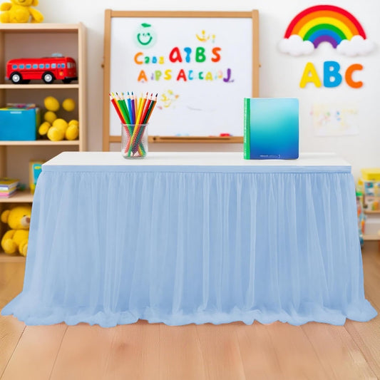 6FT Tulle Table Skirt for Teacher Desk Rectangular Ruffle Table Back to School Supplies for Kindergarten Preschool Middle School Classroom Decor, Light Blue