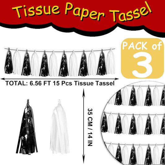 3P Black White Tassel Banner Garland Metallic Foil Fringe Banner Tinsel Tassels Streamer Banner Backdrop for Parade Floats Graduation, Halloween, Christmas, Father's Day Party Decorations