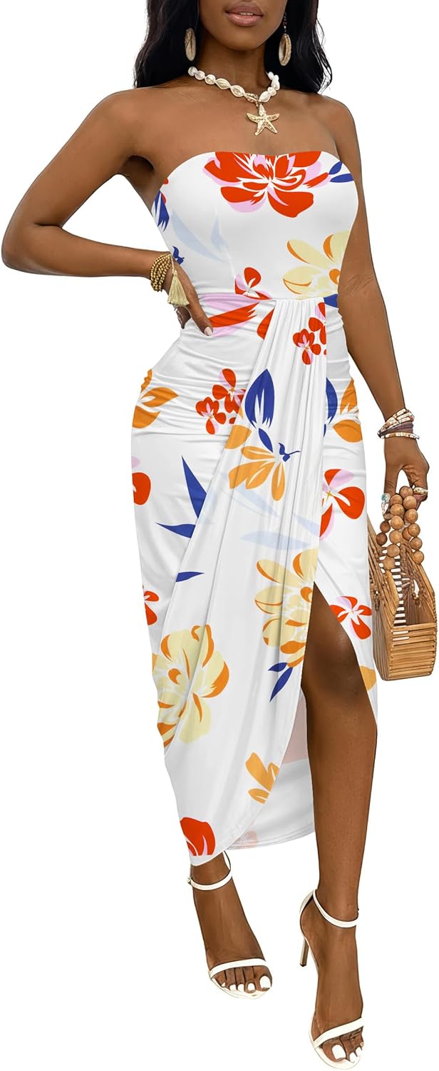 Umenlele Women's Strapless Ruched High Waist Wrap Split Asymmetrical Beach Maxi Long Dress