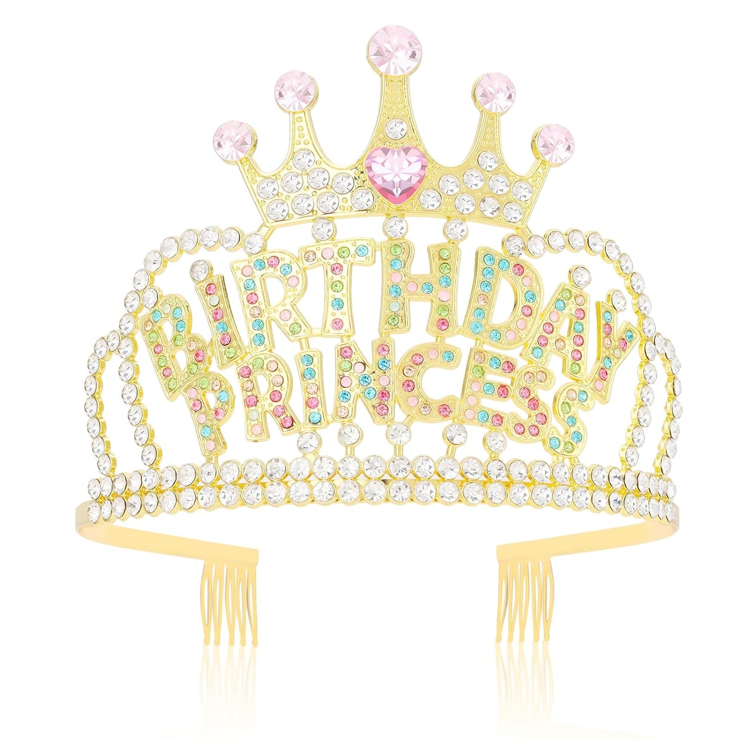 Wecoe Birthday Crown Multi-colored Princess Rhinestone Tiara with Combs Happy Birthday Party Favors Pink Decorations 16th 18th 21st 25th Gifts for Her