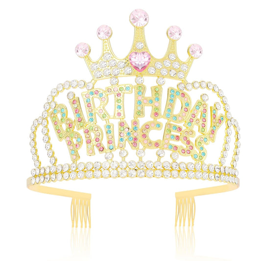 Wecoe Birthday Crown Multi-colored Princess Rhinestone Tiara with Combs Happy Birthday Party Favors Pink Decorations 16th 18th 21st 25th Gifts for Her