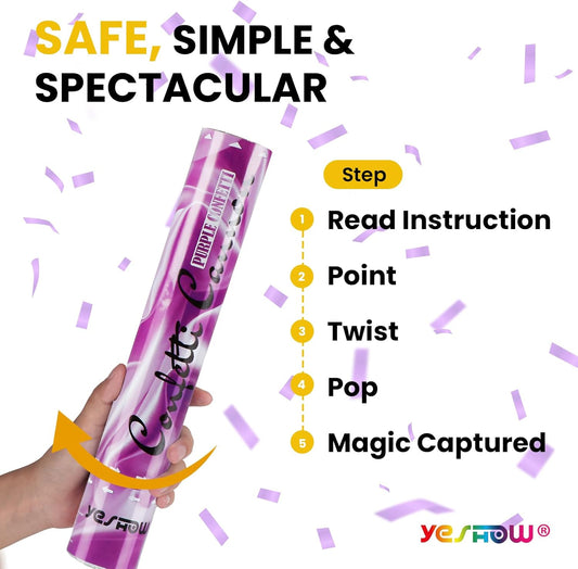 Confetti Cannon Poppers Purple, 6PACK YESHOW Purple Mylar Confetti Shooter for Graduation, Birthday Party, Halloween Party Christmas Eve and New Year Celebration