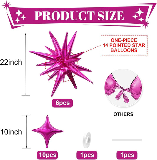Hot Pink Star Balloon,Pink 6Pcs 22Inch Explosion Star Balloons and 10Pcs 10Inch Four Angle Balloons Kit for Girls Women Birthday Anniversary Baby Shower Wedding Party Decorations