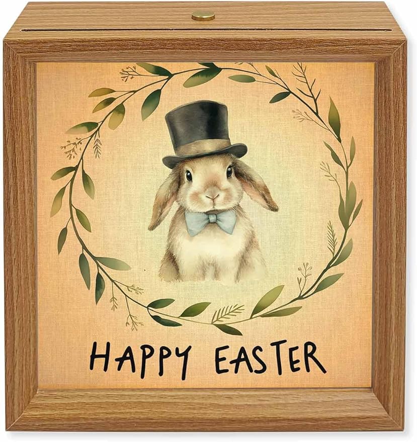 Happy Easter Bunny Garland Wooden LED Night Light USB Rechargeable Dimmable Touch Table Light for Home Decor Eucalyptus Leaf Retro Linen Wood Picture Frame Box,6.5X6.5IN