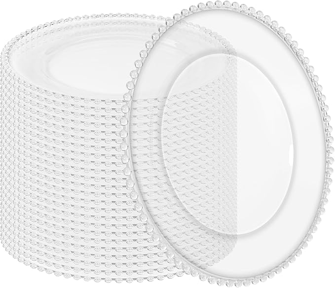 24 Pack Clear Charger Plates Bulk Wedding, 13 Inch Plastic Round Dinner Chargers with Clear Beaded Rim, Acrylic Round Decorative Plates for Wedding Party Home and Tabletop Decor