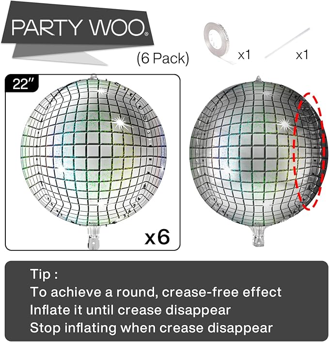 PartyWoo Silver Disco Ball Foil Balloons 6pcs 22 Inch Large Round Foil Big Giant 4D Jumbo Inflatable Mirror Ball Mylar Balloons for Graduation Birthday Engagement Space Themed Party Decorations