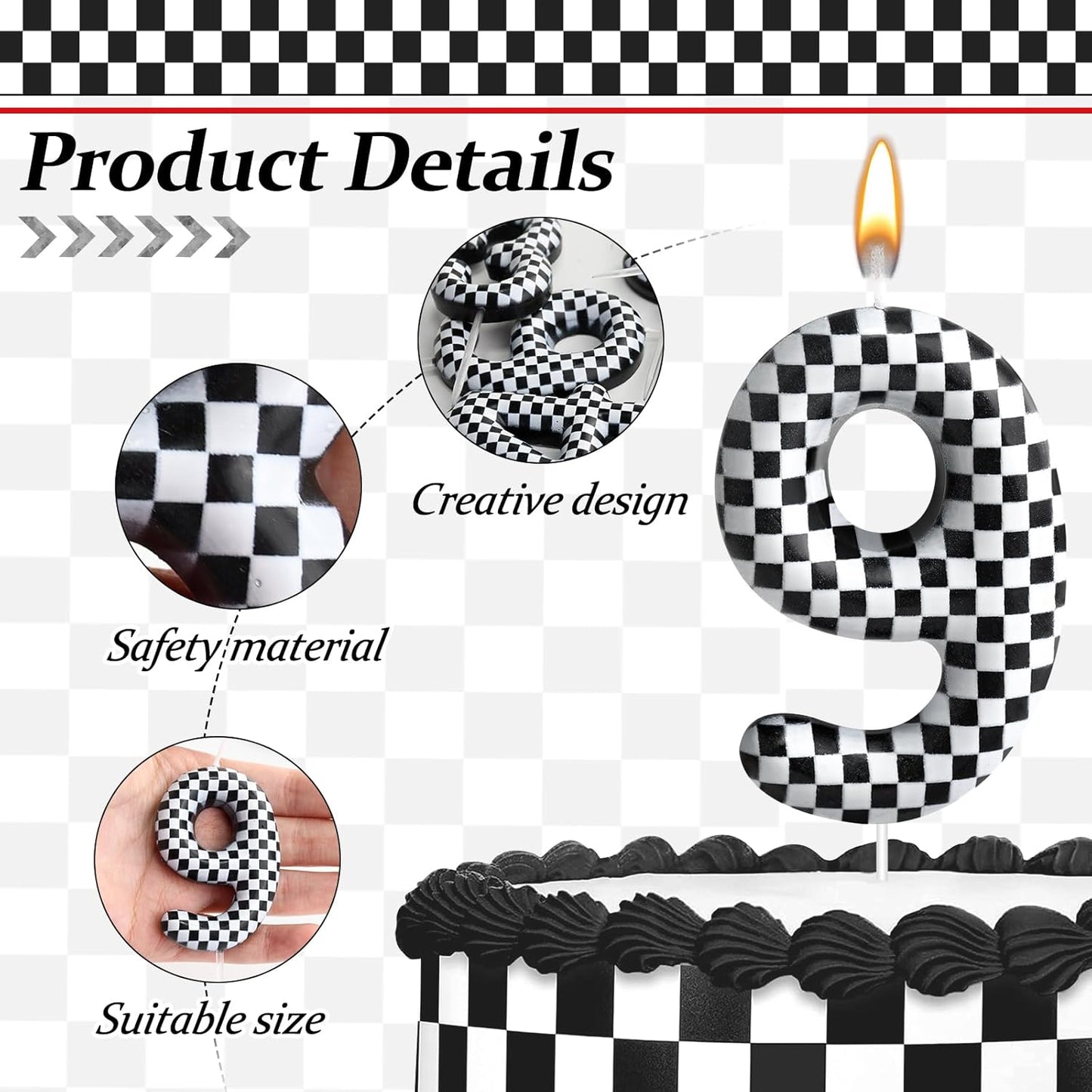 Racing Cars Themed Birthday Candle Number 9 Checkered Candle Birthday Party Decoration Cake Topper for Racing Car Party Decoration Theme Party Supplies (Number 9)