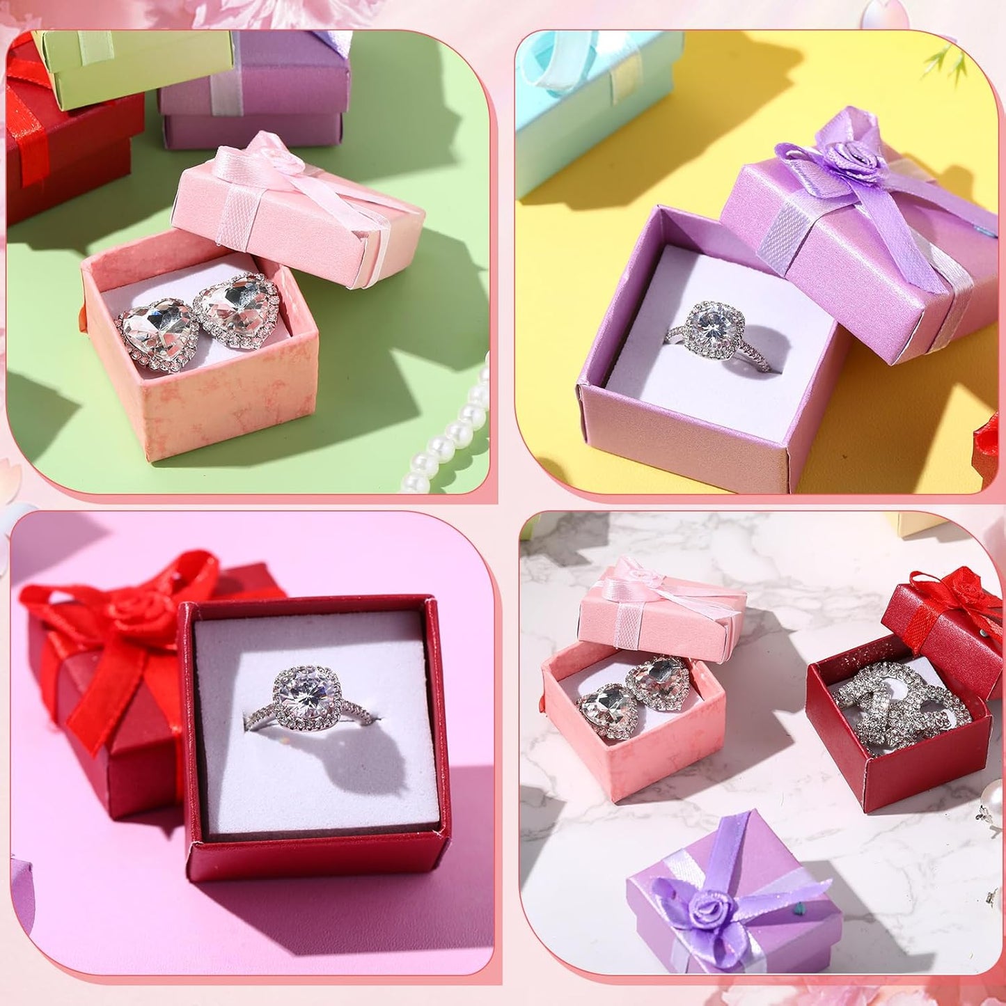 Bucherry 72 Pcs Ring Boxes 1.6 x 1.6 In Hard Cardboard Jewelry Box with Ribbon Bow Small Jewelry Gift Cases for Small Business(Vivid Color)