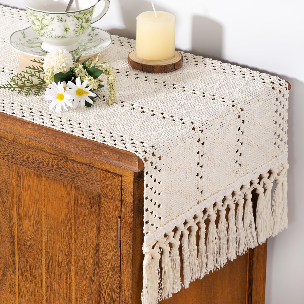 Socomi Boho Table Runner Macrame Fall Thanksgiving Farmhouse Woven Cotton Linen Rustic Coffee Table Runner with Tassels for Small Dresser Scarf Home Decor Dining Room 12x72 inch Cream Ivory