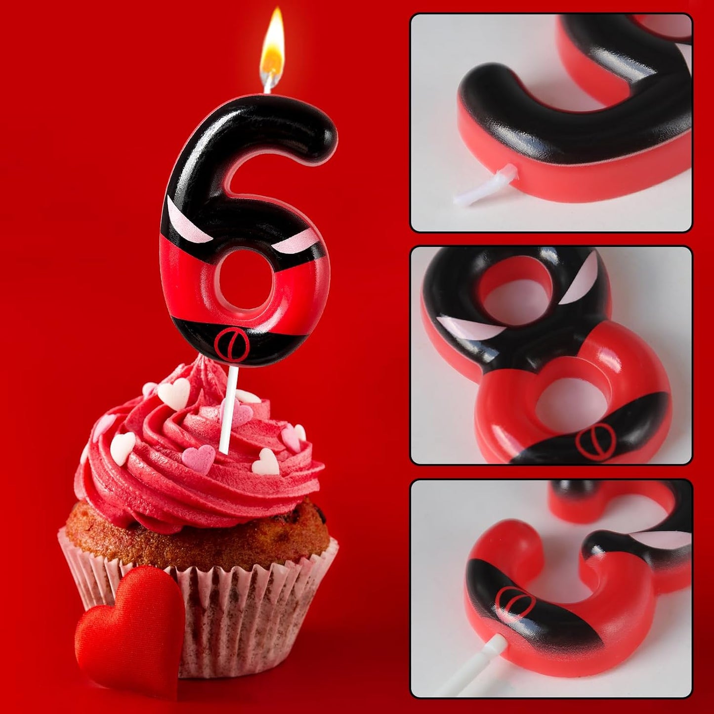 Black Red Mask Number 6 Birthday Candles - Comic Themed Cake Topper for Birthday Decorations Supplies, 6 Candle Party Favors (Number 6)