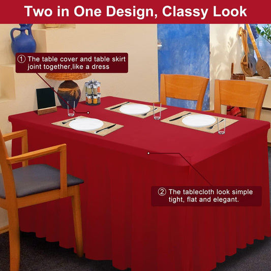 Thick 2 in 1 Spandex Table Skirt and Cover 6ft, Rectangle Fitted Tablecloth with Pleated Skirt, Wrinkle Free Rectangular Table Cloth for Banquets Vendor Event (Burgundy, 72"*30"*29")