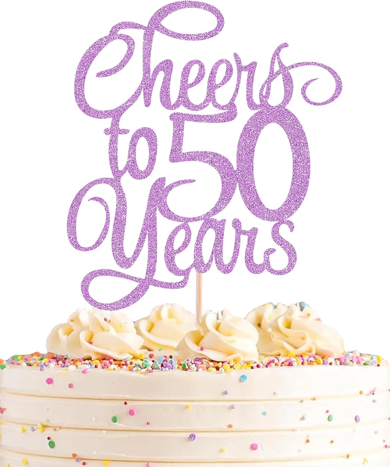 Cheers to 50 Years Cake Topper - Light Purple Glitter 50th Birthday Cake Decorating Supplies, Perfect for 50th Anniversary or Fifty Birthday Party, Photo Booth Props