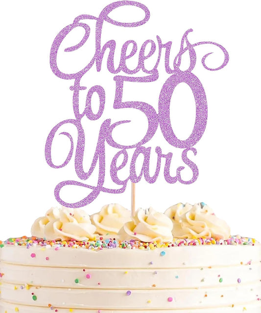 Cheers to 50 Years Cake Topper - Light Purple Glitter 50th Birthday Cake Decorating Supplies, Perfect for 50th Anniversary or Fifty Birthday Party, Photo Booth Props