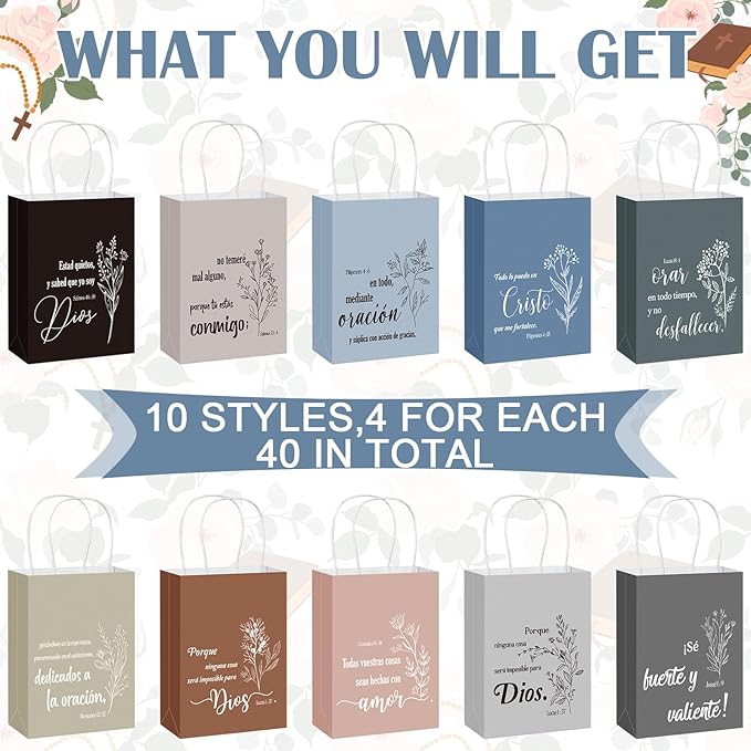 Kolldenn 40 Pcs Spanish Bible Verse Bags Bulk Christian Gift Bags with Handles Inspirational Flower Boho Biblical Religious Gifts for Church Sunday School Mother's Day Baptism Party(Earthy Tones)