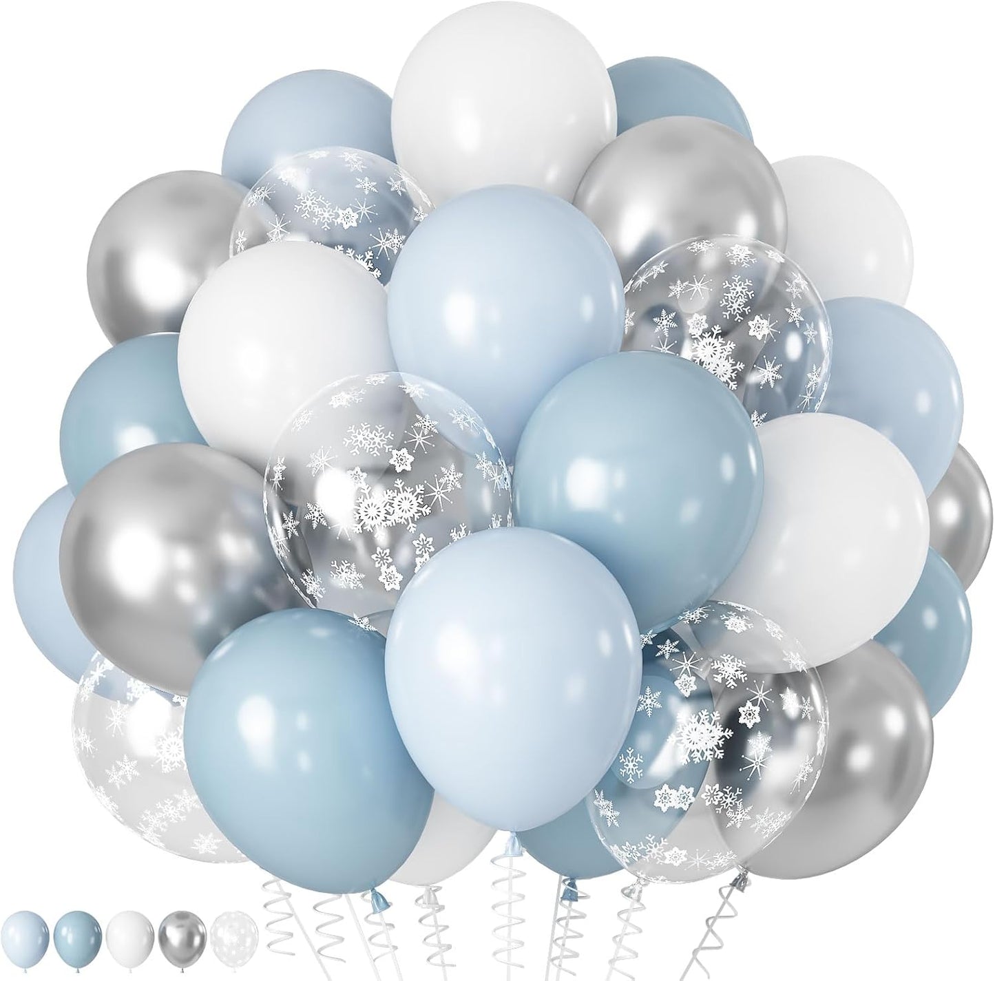 Blue Winter Wonderland Balloons, 60 PCS 12 Inch Snowflake Balloons Dusty Light Baby Blue White and Silver Balloon for Boy Baby Shower Winter Christmas Holiday Birthday Party Decorations