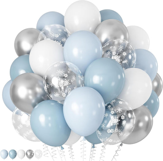 Blue Winter Wonderland Balloons, 60 PCS 12 Inch Snowflake Balloons Dusty Light Baby Blue White and Silver Balloon for Boy Baby Shower Winter Christmas Holiday Birthday Party Decorations