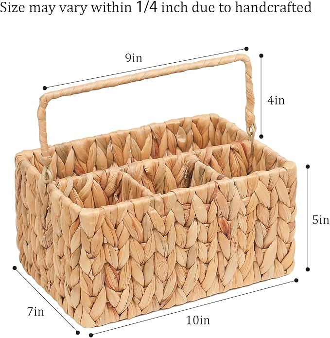 Hand-Woven Wicker Flatware Organizer - Water Hyacinth Cutlery Holder for Countertop with Handle,Utensil Holder for Table, Kitchen (Natural Water Hyacinth)