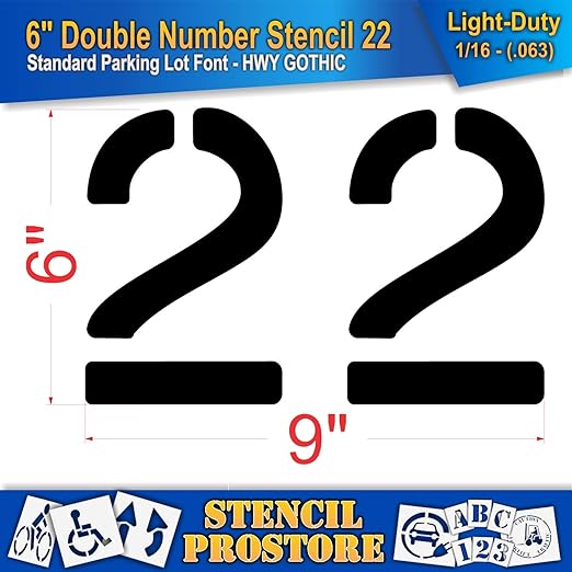 Pavement, Curb, and WheelStop Stencils - 6 inch Double Number Stencil - (22) - 6" x 9" x 1/16" (63 mil) - Light-Duty