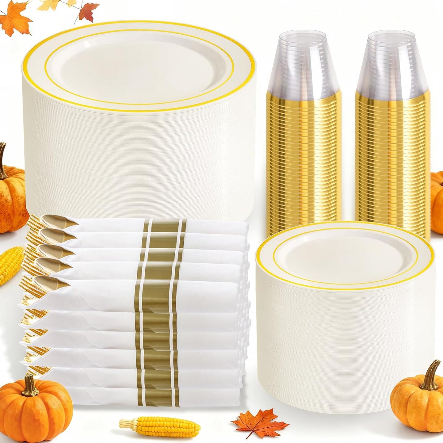 WELLIFE 350PCS Ivory Plastic Plates for 50 Guests -Thanksgiving Plates,Thanksgiving Decorations,Disposable Plate for Party and Wedding