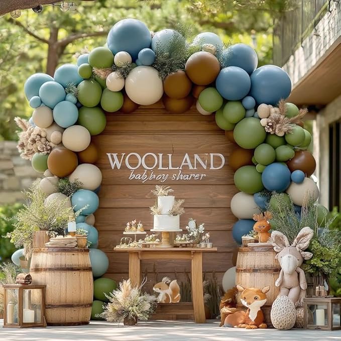 Blue Green Brown Balloon Garland Double Stuffed Dusty Blue Sage Green Balloons Olive White Sand Latex Balloon Arch Kit for Bear Baby Shower Birthday Woodland Wild One Party Decorations