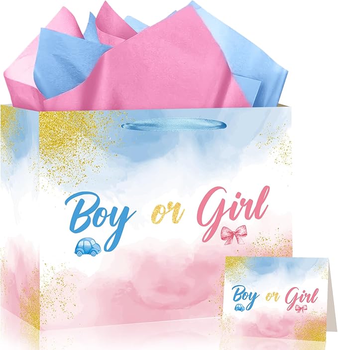 Gender Reveal Gift Bag Blue Pink Boy or Girl Paper Bag with Wrapping Paper Card What Will Baby Be Party Decoration Ink and Wash Treat Candy Bag for Baby Shower Gender Reveal Birthday Party Supplies