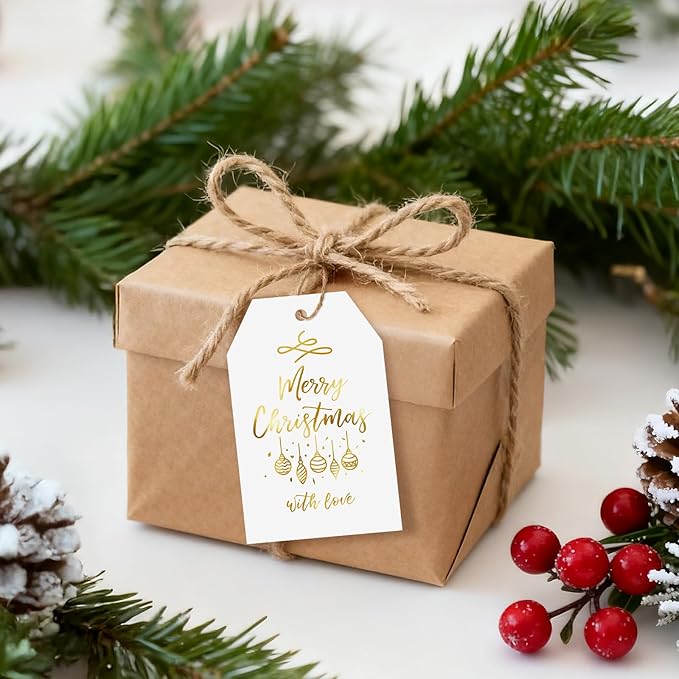 Anwyll Christmas Gift Tags with String - 50Pcs Gold and White Merry Christmas with Love Tags for Gifts Xmas Gift Tag Happy Holidays Hang Paper Label Tag for Present Wrap Goodie Bag Holiday Party Favor