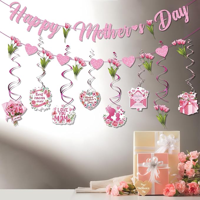 Happy Mother's Day Banner Set Decoration for Mother's Day Party Decorations Backdrop Garland for Mom Mother's Day Glitter Garland Photo Props (flower)