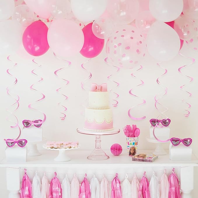 24 PCS Pink Hanging Swirl, Sparkle Ceiling Hanging Decorations, Plastic Streamer Party Decorations with Double-Swirls and Single-Swirls for Birthday Decorations, Valentine's, Galentines,Baby Shower