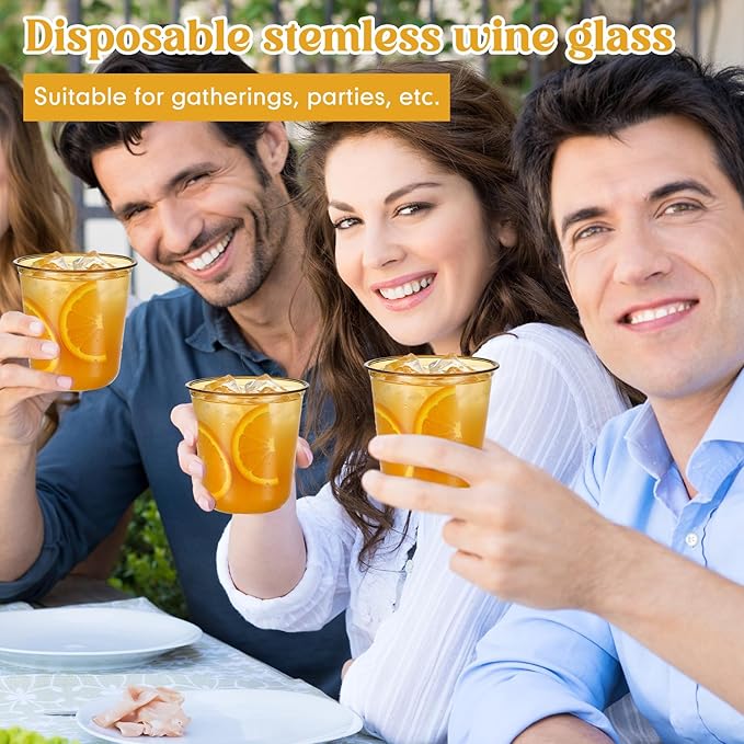 Disposable Stemless Glasses 12oz Crystal Plastic Wine Glasses Clear Classic Pet Cup for Meeting Weddings Birthdays Cocktail Christmas Party Supplies(Gold,100 Pcs)