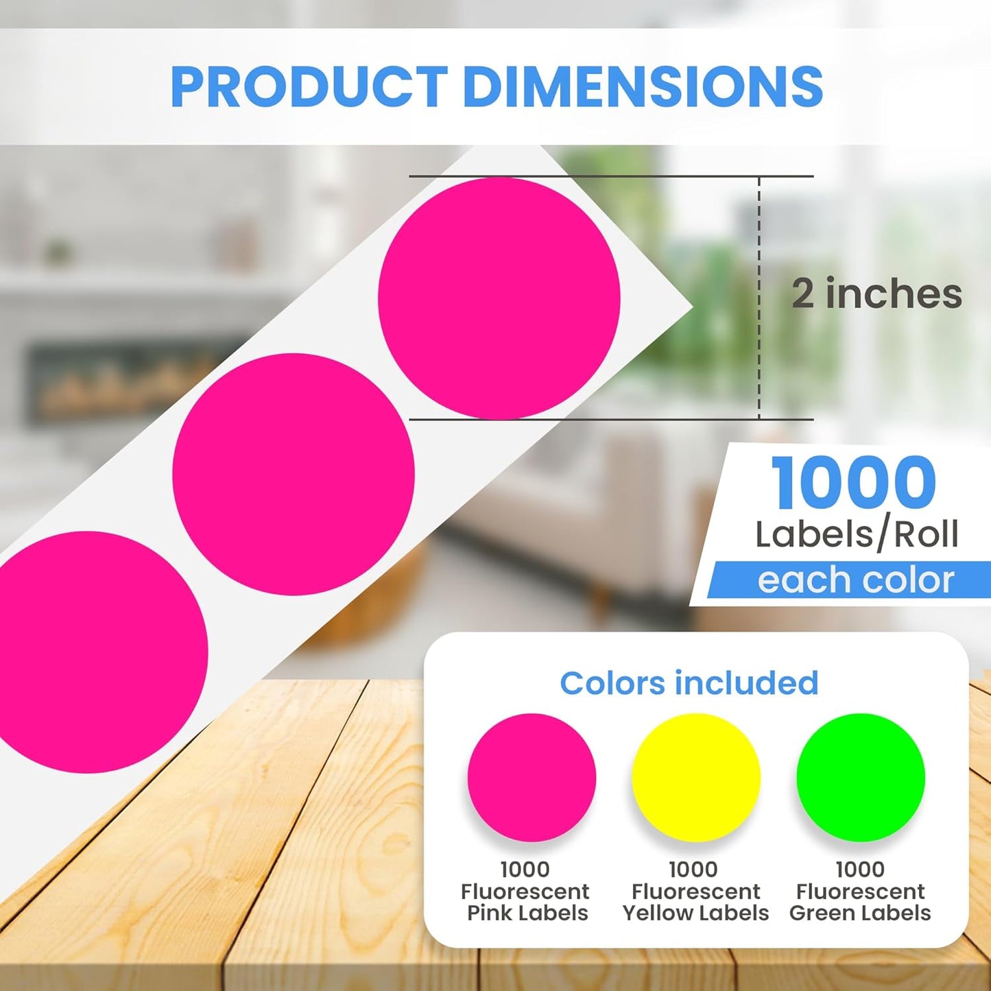 Perco 2-Inch Perforated Circle Dot Sticker Labels—3 Rolls, 1,500 Round Fluorescent Stickers (1 Green, 1 Yellow, 1 Pink)—with Permanent Adhesive for Organizing, Color Coding, Bin Labeling—Made in USA