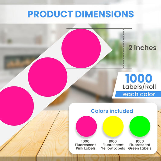 Perco 2-Inch Perforated Circle Dot Sticker Labels—3 Rolls, 1,500 Round Fluorescent Stickers (1 Green, 1 Yellow, 1 Pink)—with Permanent Adhesive for Organizing, Color Coding, Bin Labeling—Made in USA